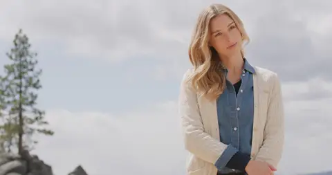 USPA Denim Cardigan Lakeside Wide. lifestyle visual reference, composition and color reference.