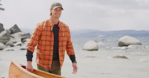 USPA Plaid Shirt Canoe Walk. marine_lifestyle visual reference, composition and color reference.