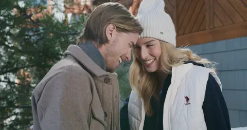 USPA Winter Couple Cabin Laugh. lifestyle visual reference, composition and color reference.