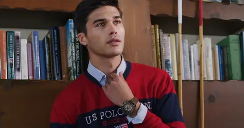 USPA Red Sweater Cabin Portrait. lifestyle visual reference, composition and color reference.
