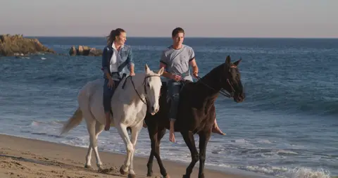 USPA Horseback Couple Shoreline. sports visual reference, composition and color reference.