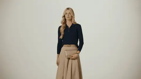 A woman in a navy knit top swishes a tan pleated skirt while holding a tan clutch, then settles into a studio pose.