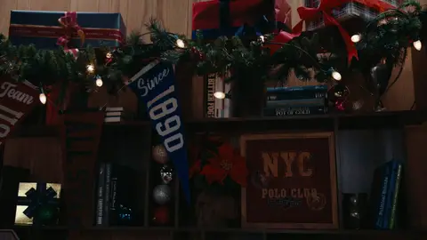 Red and navy stockings hang from a wooden bookcase decorated with green garland and holiday ornaments.