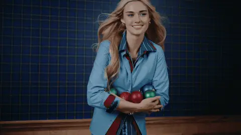 A woman holds colorful holiday ornaments as her long blonde hair moves around her shoulders.