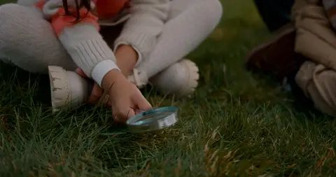 Hands hold a magnifying glass over grass beside the legs of people kneeling outdoors.