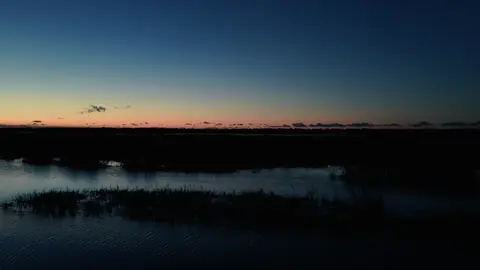 A wide blue-hour sky stretches above reflective tidal marsh water and a dark horizon.