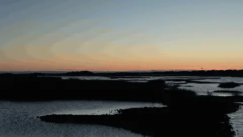 A short aerial move passes across layered marsh channels beneath a pale dusk sky.